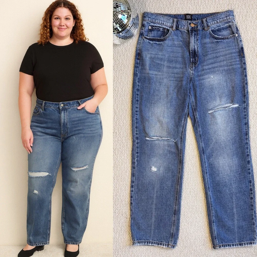 BDG Urban Outfitters Loose Straight Leg Jeans,‎ Medium Wash, Ripped, Size 30